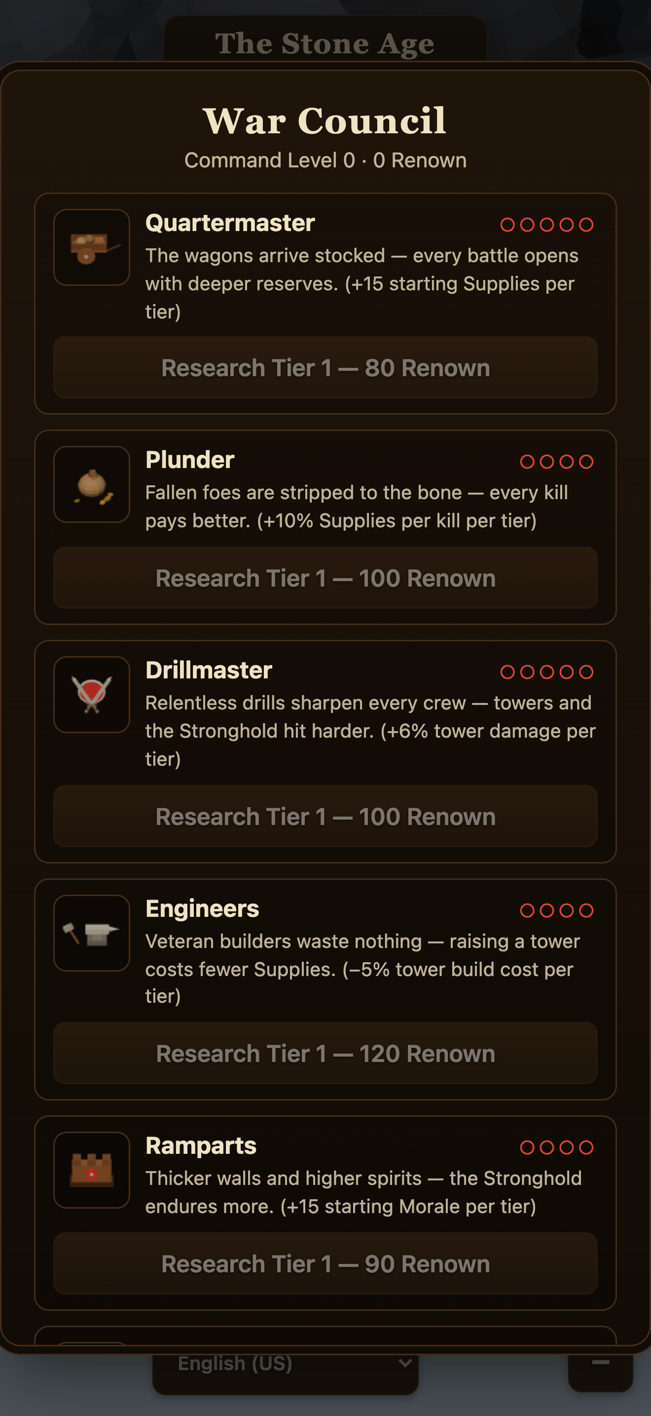 The War Council meta-progression upgrade screen